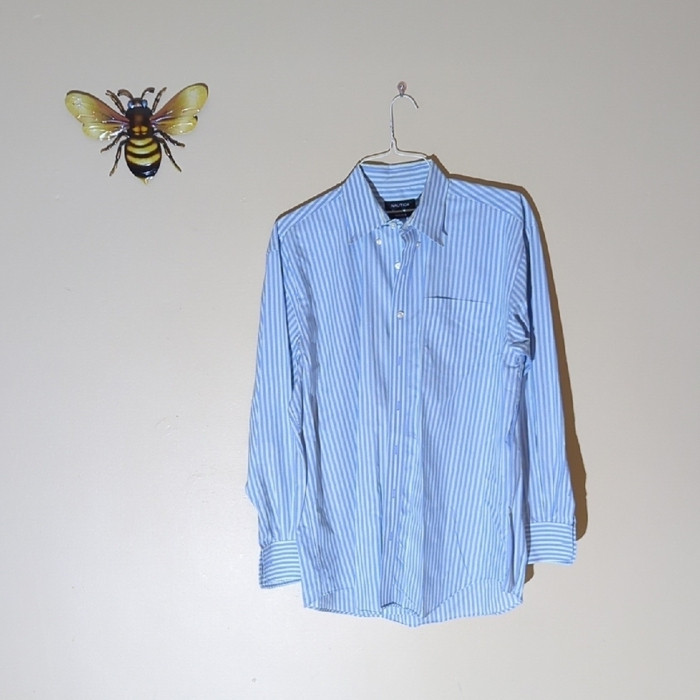Nautica Light Blue Striped Button Down Dress Shirt 17, 34-35 - Picture 1 of 8